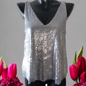 DEANE Silver Sparkle Sequined V Neck Tank Top Size Medium